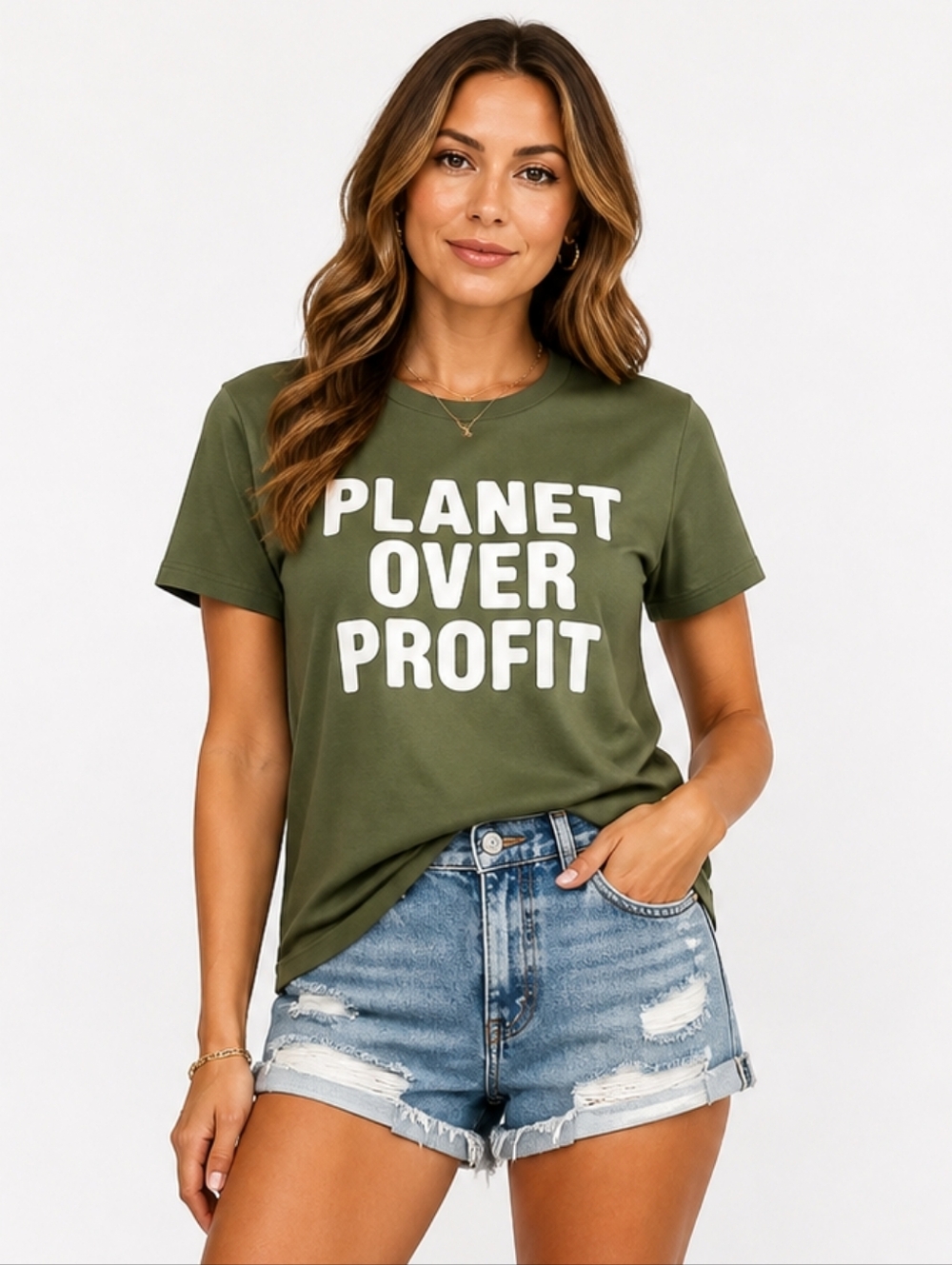 8 Billion Trees Planet Over Profit Tee Green L